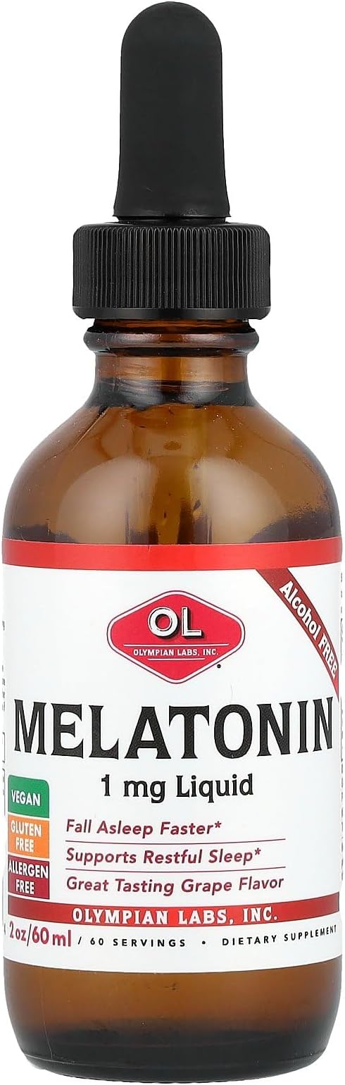 Olympian Labs Liquid Melatonin 1mg, 2 Ounce, Fall Asleep Naturally, Alcohol Free