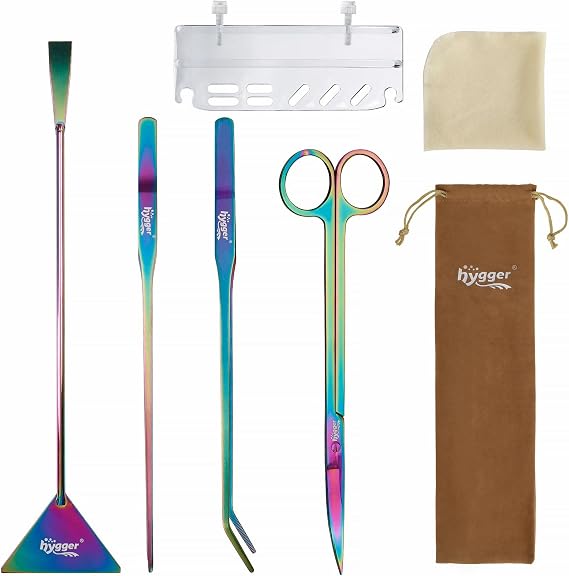 hygger 6-in-1 Long Aquarium Aquascaping Tools Kit, Color Stainless Steel Premium Aquatic Plant Tweezers Scissors Spatula Kit  with 1 Tool Holder and 1 Cleaning Cloth, for Fish Tank Starters