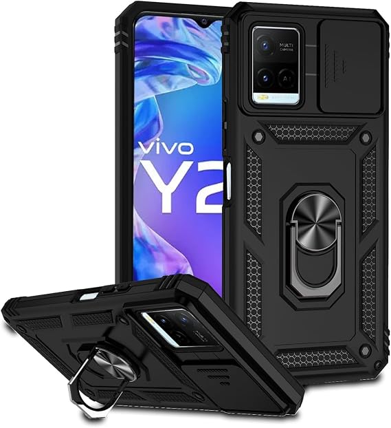 Case for Vivo Y21 Case, Vivo Y33S (4G) V2111 V2109 Case with Slide Camera Cover, Built-in 360 Rotate Ring Kickstand Magnetic Shockproof Phone Cover for Vivo Y21 Black