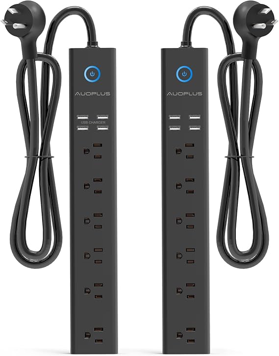 2 Pack Power Strip Flat Plug Surge Protector 6FT Long Extension Cords | 6 Outlets 4 USB Ports, Power Strips with Overload Protection, 2100 Joules, Wall Mount for Home, Office, Dorm, ETL Listed