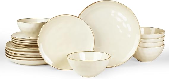 Richmount Ocean 18 Piece Dinner Set, Stoneware 3D Wave Relief Irregularly Shaped Plates and Bowls Set, Reactive Glaze Dinnerware Sets for 6, Dishwasher & Microwave Safe, Stylish & Durable, Beige