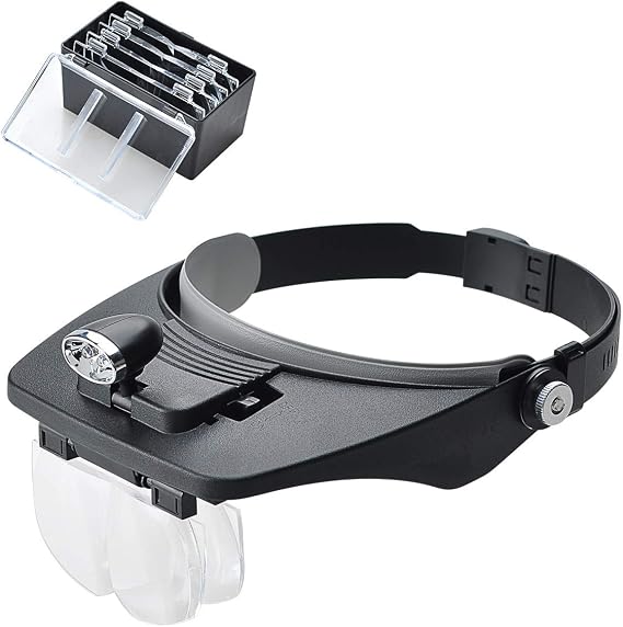 Headband Magnifier with 2 LED Light,Handsfree Headset Loupe Head Mounted Magnifying Glasses with 4 Detachable Lenses for Reading,Electronic Repair,Jewelry,Sewing,Crafts,Watch (Black)