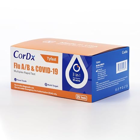 CorDx Flu A/B & COVID-19, At Home 3-in-1 Rapid Test Kit, 25 Tests | Nasal Swab Self-Test, Easy-To-Use For Adults And Kids, EUA Authorized OTC, Quick 10-Minute Results