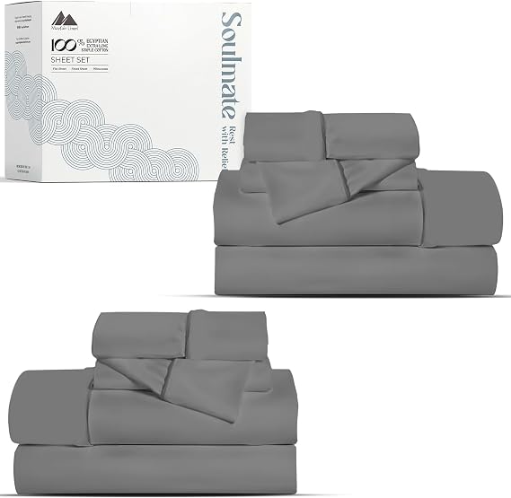 Mayfair Linen 100% Egyptian Cotton 2 Pack Twin Sheet Set - 500 Series Soulmate Collection Cotton Sheets Twin Size (6 PC, Dark Grey), Extra Soft, Cooling, Sateen Weave, 16" Deep Pocket Hotel Bed Sheet