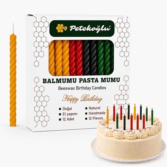 Petekoğlu Balmumu Mum El Yapımı Doğal Küçük 4 Renk Çok Renkli Pasta Mumları 12 Adet [Enerji Sınıfı A]