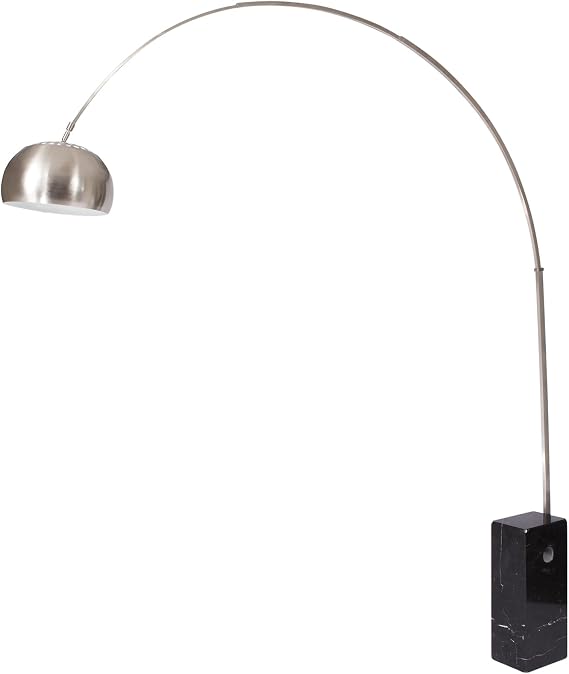 LeisureMod Arco Collection Floor Lamp, Black | Italian Marble Base, Brushed Stainless Steel Hood, Foot Pedal Switch, Modern Home, Living Room, Bedroom, Office