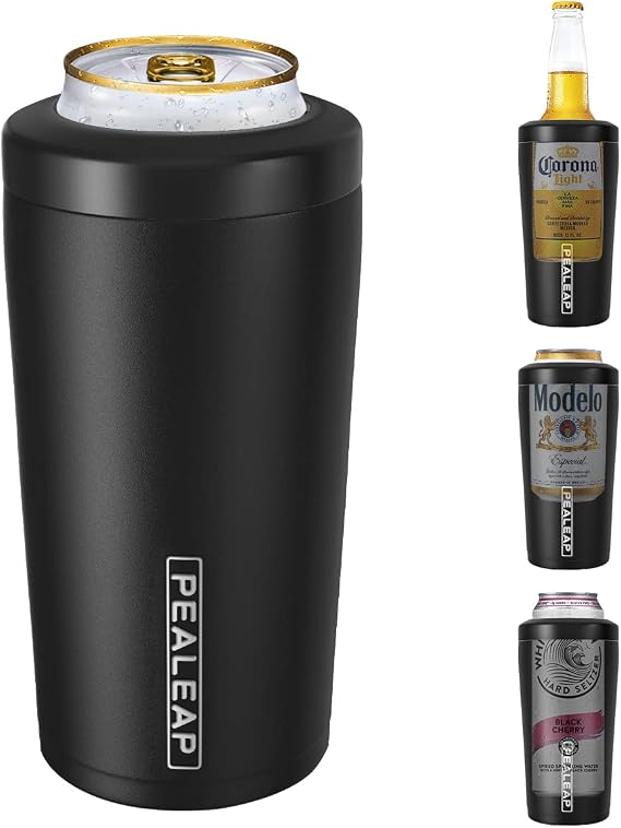 Pealeap 4-in-1 Insulated Slim Can Cooler for All 12oz Cans & Beer Bottles | Double-walled Stainless Steel Vacuum Can Cozy | Keep 8Hrs Cold | Universal Fits 12oz Drinks | No Sweat | Cup Holder Friendly