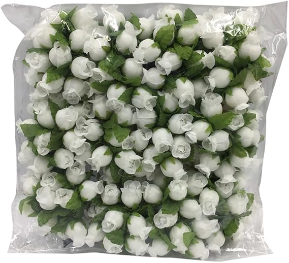 144 Pcs Mini Artificial Flower Heads White Rose Buds Faux Roses Heads Small Fake Roses Tiny Craft Flowers Floral Heads Decorations with Stems for Wedding Bouquet