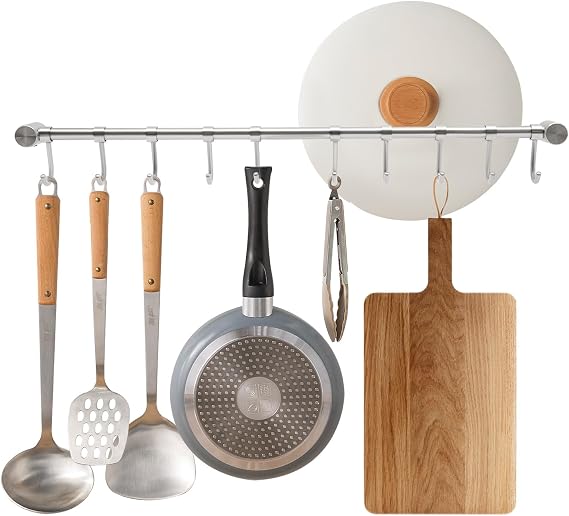 Kitchen Hanging Racks 304 Stainless Steel 20 Inch Rail Utensil Storage Hanger with 10 Pcs Noiseless Sliding Hooks, Wall Mounted Rod Holder for Pots Pan Spatula Spoon Cookware Mug Cup. (Silver)