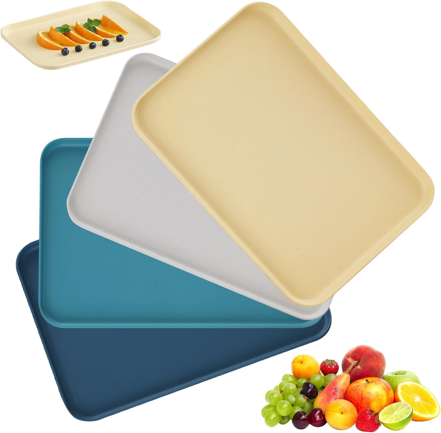 Plastic Dinner Tray - 4 Pcs Serving Trays, 31 x 22.5 cm Food Drink Trays, 4 Colors Reusable Anti-Slip Tray Rectangular, Cafeteria Small Plastic Serving Platter for Food Snacks Fruit Eating On Lap