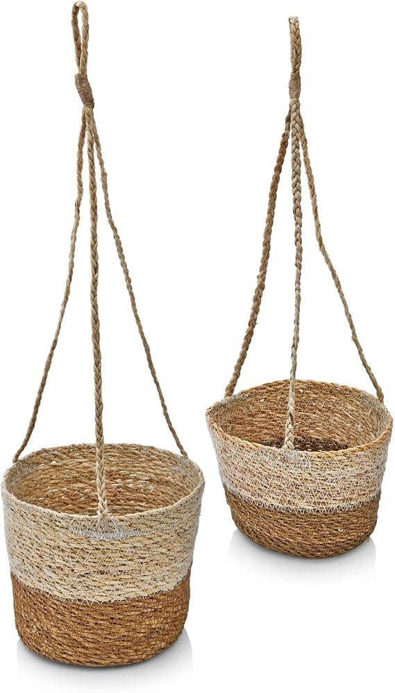 Deconox 2'li Asılabilir El Yapımı ve Doğal Çift Renk Yuvarlak Hasır Saksılık Seti, 2'li İpli Asılabilir Hasır Yuvarlak Saksı Seti (23cm*18cm-20cm*15cm)