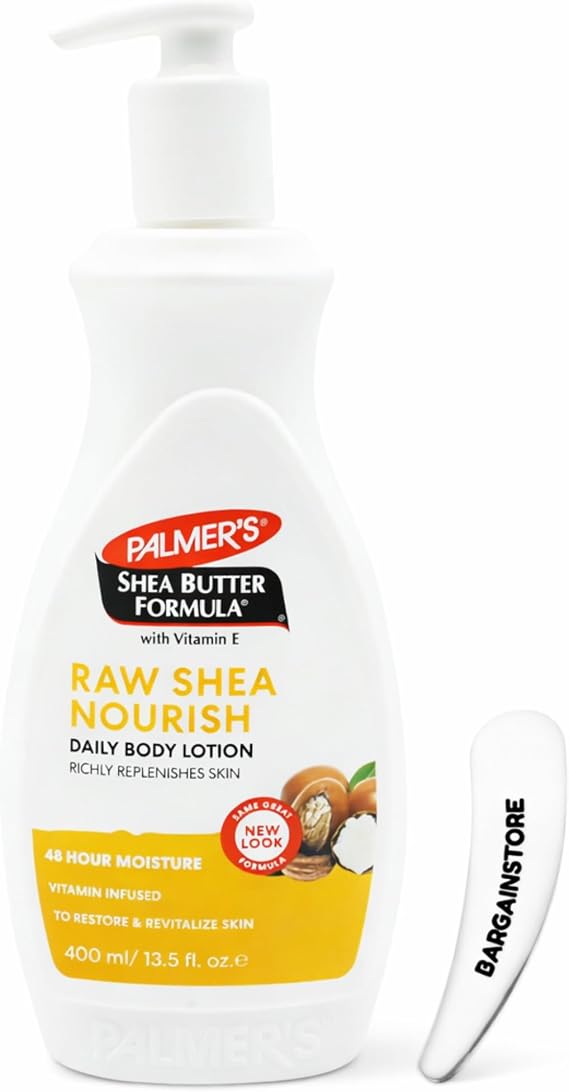 Palmer’s Shea Butter Raw Shea Nourish Daily Body Lotion 400ml with Bargainstore Spatula – Deep Moisturising Lotion with Vitamin E, 48 Hour Hydration for Dry Skin