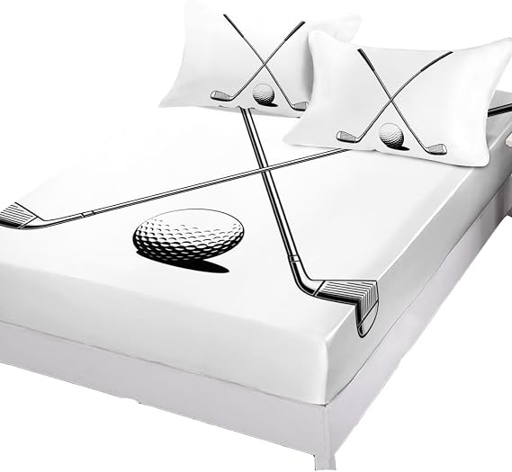 Golf Ball Club Fitted Bed Sheets Twin Size Fit 5-16inch Deep Pockets,Luxury Bottom Sheet Bedding Set with Pillow Case,Classic Sport Fitted Sheet for Mattress