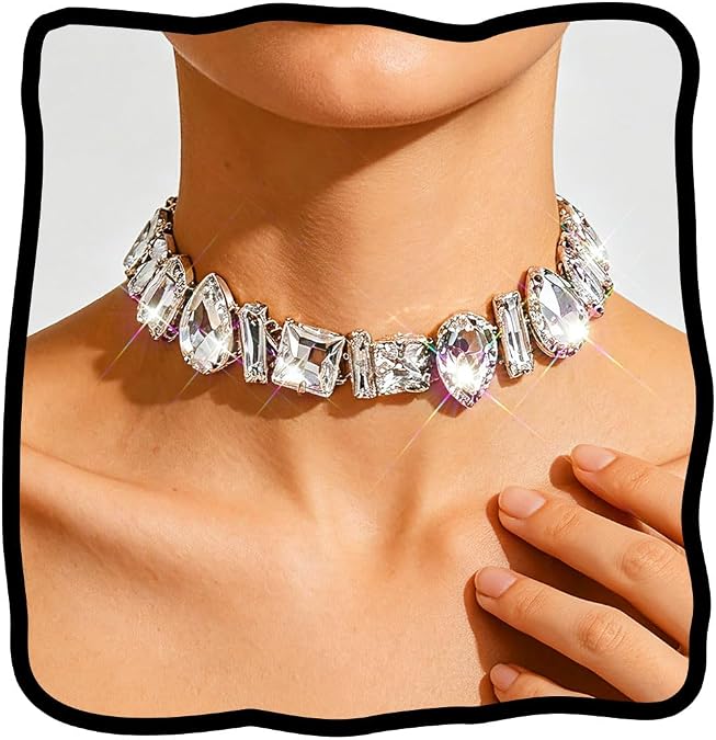 JEAIRTS Big Diamond Choker Necklace Silver Rhinestone Jewelry for Women