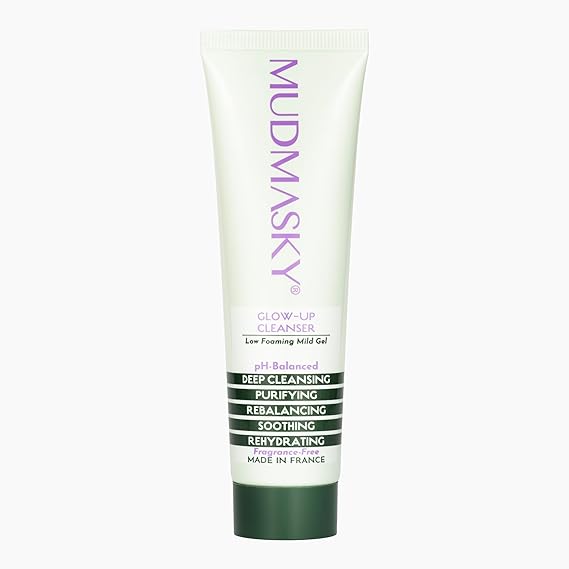 MUDMASKY Glow Up Cleanser 2.0 OZ - pH-balanced - plant-based cleanser, made in France, Gentle on skin, tough on impurities. Low-foaming gel cleanser without SLS and harsh chemicals. Sensitive skin.