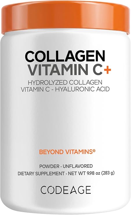 Codeage Collagen Peptides Powder, Vitamin C, Hyaluronic Acid, 10 oz | Hydrolyzed grass-fed collagen 20g, vitamin C, hyaluronic acid, digestive enzymes, 18 amino acids. Unflavored. Non-GMO.