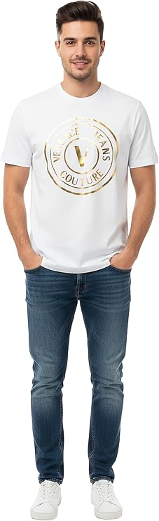 VERSACE JEANS COUTURE White/Gold Mens Oversized Screen Print Logo T-Shirt