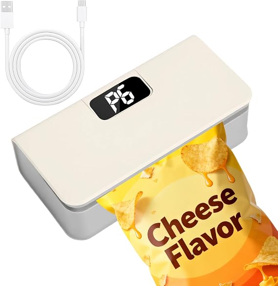 Mini Bag Sealer,Rechargeable Sealer Machine with LED Power Display,Heat Sealer and Cutter with 6 Adjustable Gears,Portable Bag Resealer for Chips Snacks Mylar Bags (White)