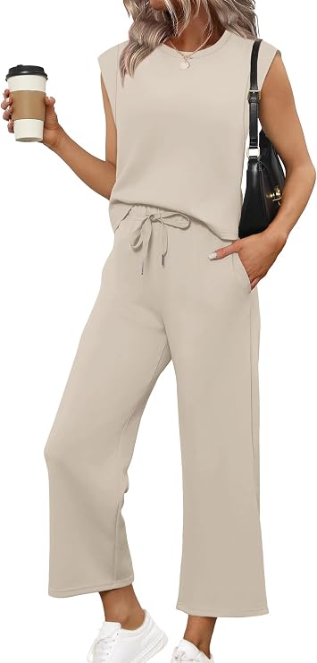 SAMPEEL Two Piece Sets for Women Casual Travel Vacation Outfits Summer Wide Leg Crop Pants Lounge Sets