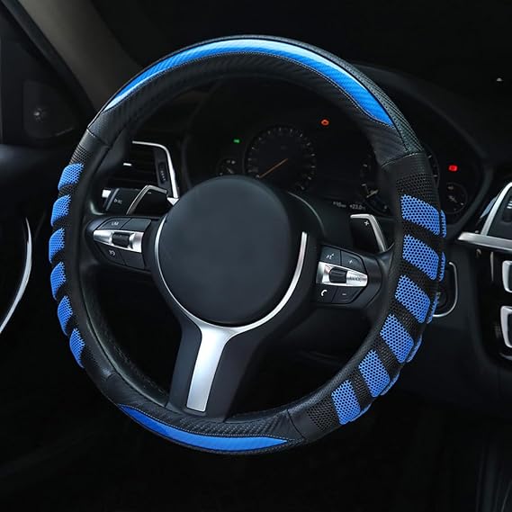 Luxury 3D Honeycomb Steering Wheel Cover Leather Sporty Anti-Slip Great Grip 15 Inch Universal Steering Wheel Cover for Men Women (Blue)