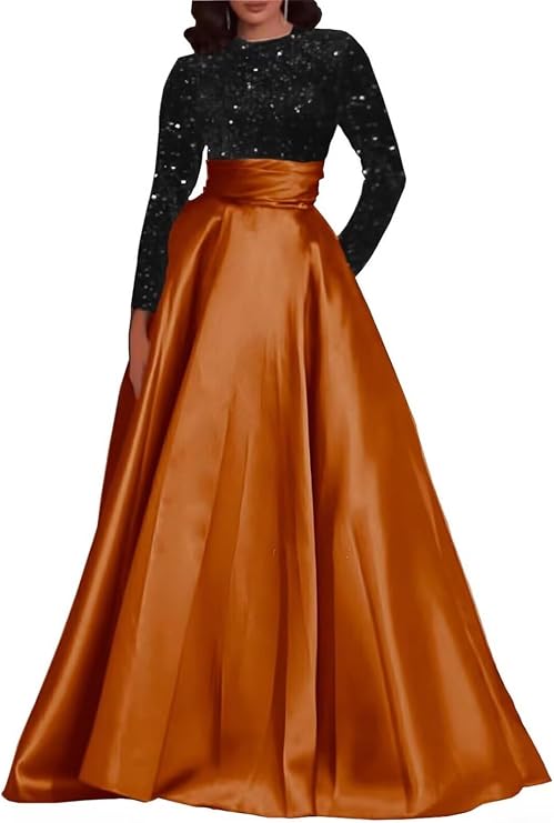 Yuxin Long Sleeve Sequin Prom Dresses for Women 2025 Sequin Satin Ball Gown Formal Evening Gowns with Pocket 942