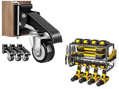 SPACECARE Workbench Casters kit 600Lbs Heavy Duty Quick Release 2 Mounting Options - Power Drill Tool Holder- Heavy Duty Tool Shelf & 1 Pack 3 Layers Tool Rack Cordless Drill Holder
