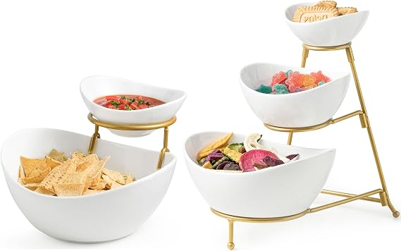 Miamolo Porcelain Serving Bowl Set for Appetizer Serving Dishes Set with 2 Compartment, Chip and Dip Taco Rack Display Salad Bar Serving Set, Gold Stand