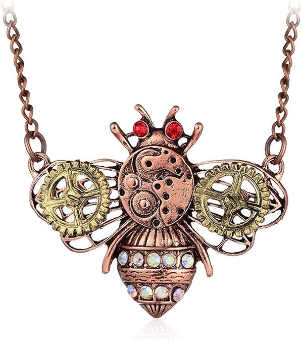 AILUOR Steampunk Gear Pendant Necklace, Punk Vintage Gothic Love Heart Owl Butterfly Bee Insect Chain Sweater Pendant Necklace Jewelry for Women