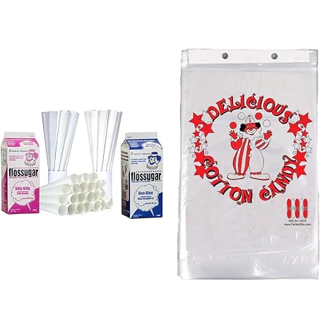 Perfectware 2 Pack Cotton Candy Floss Sugar with Cones and Bags - Blue Raspberry & Pink Vanilla Flavors (2 x 3.25 lb Containers with 100 Cones and 100 12"x18" Bags)