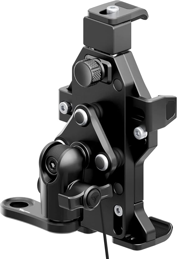 Tackform Aluminum Motorcycle Adventure Phone Holder - Vibration Dampening, Wireless Charging | Mirror Mount with Through Hole for M10 or 3/8" Bolt | Compatible with iPhone, Galaxy, More | Short Reach