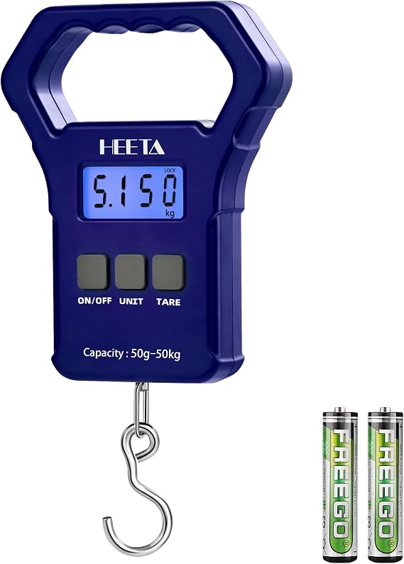 HEETA Fish Scale 110lb/50kg Digital Hanging Fishing Luggage Weight Scale | Portable with Backlit LCD Display, Hook & Non-Slip Large ABS Handle, Fishing Gifts Gear for Men, 2 AAA Batteries Included
