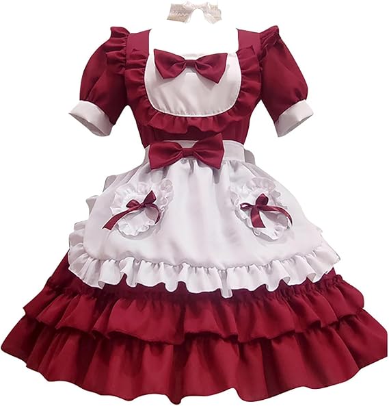LIUguoo Women Anime Lolita French Maid Dress Cosplay Costume With Lace Apron Headwear