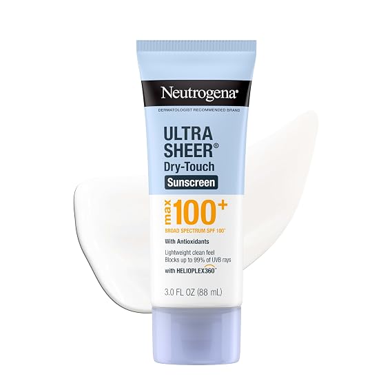 Neutrogena Ultra Sheer Dry Touch Sunscreen Lotion, Max SPF 100+, 3 fl. oz | Broad Spectrum for UVA/UVB Protection, Lightweight Sunscreen, Non-Greasy Formula, Oxybenzone-Free, Contains Antioxidants