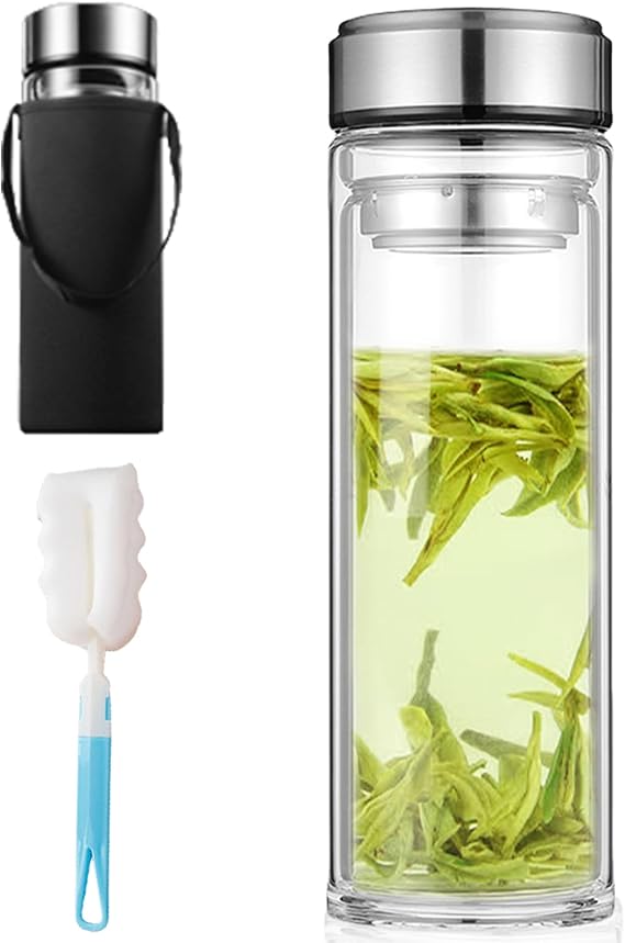 Glass Bottle 1 Litre, Double-Walled Drinking Bottle Glass 1 L, Drinking Bottle 1 L with Cup Brush and Cup Sets, Tea Bottle with Strainer To Go, Drinking Bottle 1 L Glass