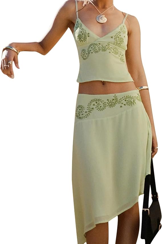Aopwsrlyi Women Boho Set Sleeveless V Neck Open Back Cami Top and Asymmetrical Midi Skirt Sets Summer 2 piece outfits