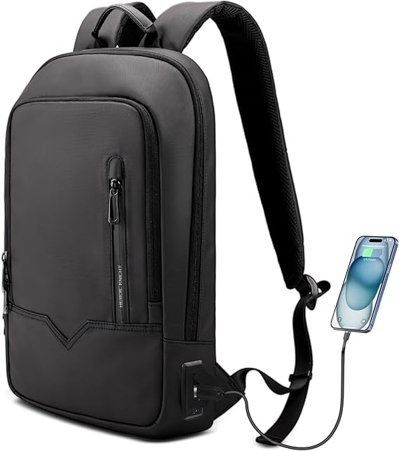 Slim Laptop Backpack for Men 15.6 Inch with USB Charging Port | Lightweight Thin Waterproof Rucksack, Small Compact Computer Bag for Work Office Business Travel, Fits 13 14 15 Inch Laptops