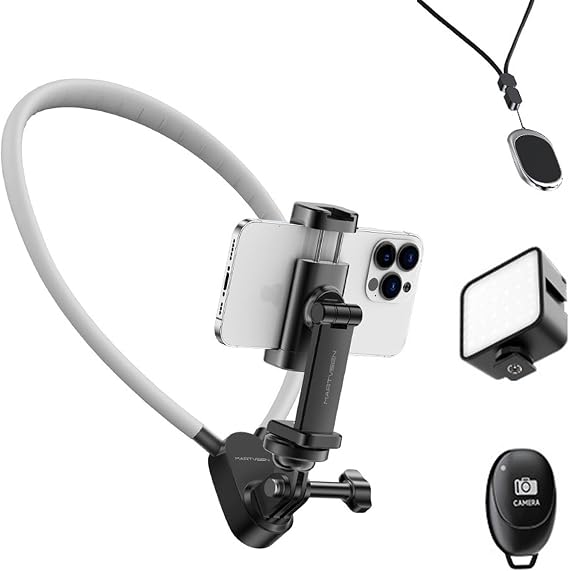 Neck Cell Phone Holder - POV/Vlog Cell Phone Neck Holder - Hands Free! with Cell Phone Clip, Anti-Shake Chest Strap with Fill Light Record Video Compatible with iPhone Android Phones and Cameras