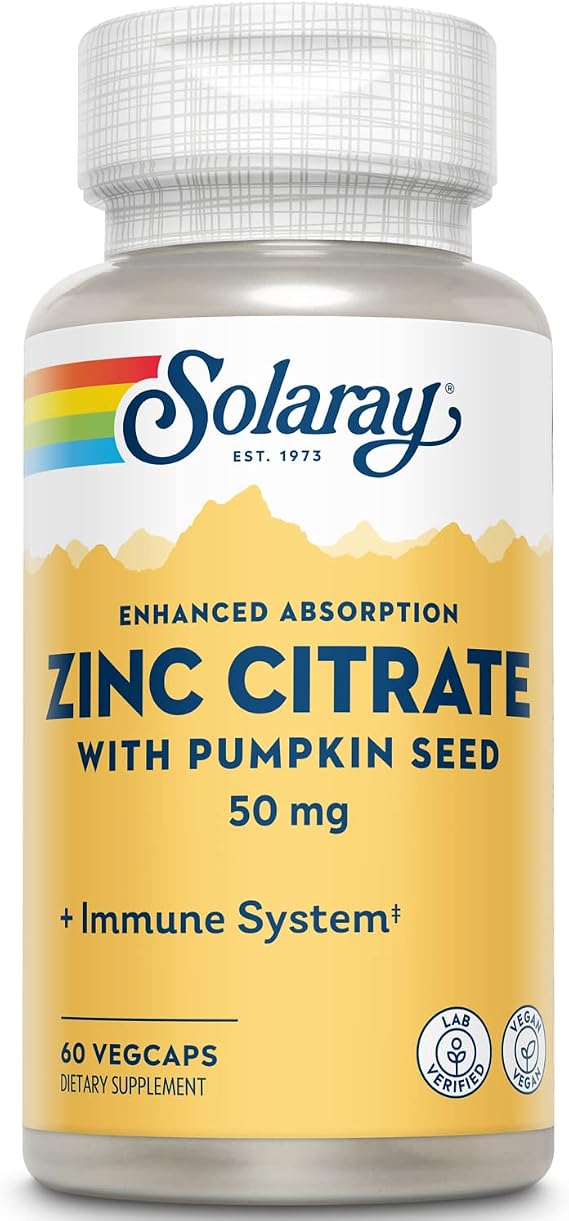Solaray Zinc Citrate 50mg, Pumpkin Seed for Added Absorption, 60 Capsules
