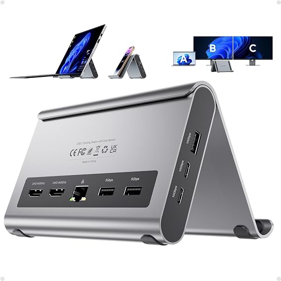 USB C Docking Station Dual Monitor, Laptop Dock for Windows with HDMI 4K | PULWTOP Laptop Docking Staion Stand, 3xUSB-C/A 10Gbps,2xUSB-A 5Gbps,RJ45,PD for Surface Pro11/10/9/8/Dell/HP/Lenovo/Asus/Acer