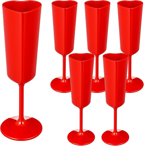Nuogo 6 Pcs Valentine's Day Heart Plastic Champagne Flutes, 6 oz Galentines Toasting Champagne Flute for Wedding, Heart Shaped Plastic Goblets for Bachelorette Party Celebrations Supplies(Red)