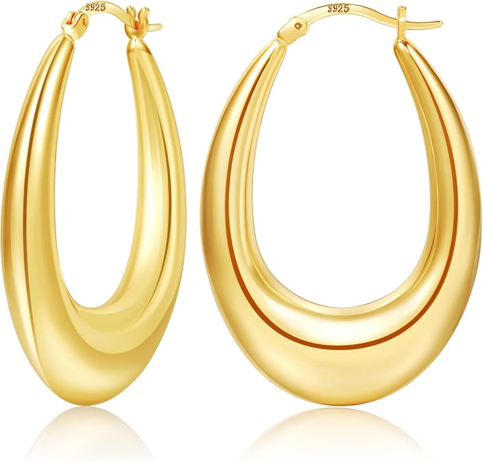 PABBEU Chunky Silver Hoops Earrings for Women Hypoallergenic | Lightweight 925 Sterling Silver Oval Hoop Earring, Sterling Silver Thick Hoop Earrings for Women Gift 25/28/30/38/40mm