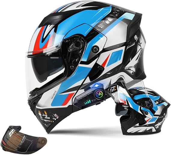 Motorcycle Modular Helmet with Bluetooth Full Face Flip Up Motorbike Helmet with Anti-Fog Dual Visor ECE Approved Crash Helmets Built-in Dual Speaker Microphone for Adult Men Women
