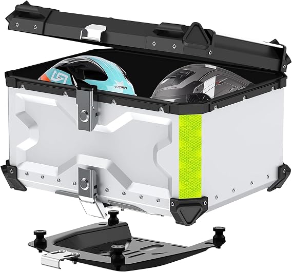 65L Motorcycle Top Case Tail Box, Aluminum Motorcycle Waterproof Top Box 65L with Security Lock for Storage Helmet Luggage, Silver