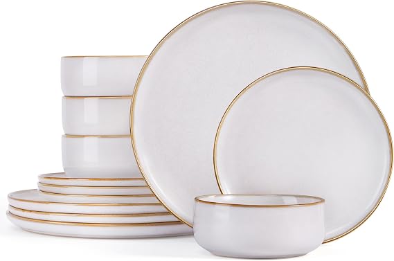 Homikit 12Pcs Dinner Set, Reactive Glaze Stoneware for 4, Cappuccino Beige