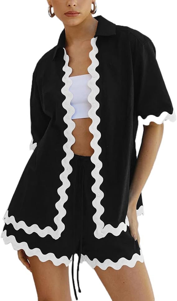 Women 2 Piece Outfit Summer Short Sleeve Pajama Sets High Waist Shorts Set Lounge Tracksuit