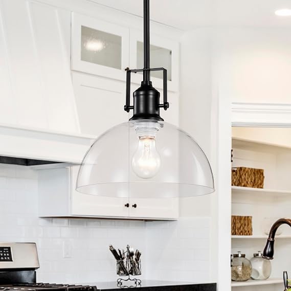 Edvivi 1-Light Kitchen Pendant Light with Handblown Clear Glass Shade, Adjustable Rods Farmhouse Ceiling Lighting Fixture for Kitchen Island, Sink, Matte Black Finish, 10 in.
