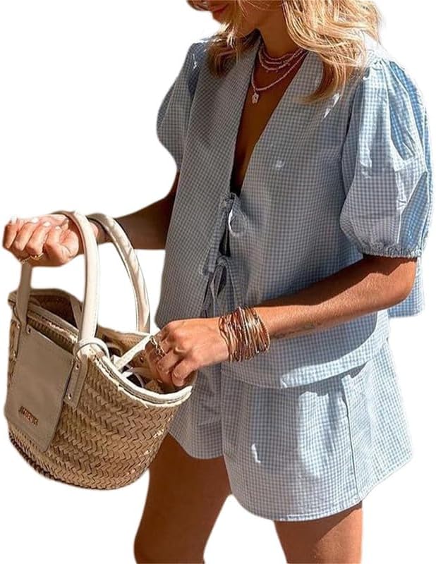 Thopavenoir Women 2 Piece Plaid Pajamas Sets Puff Short Sleeve Tie Front Babydoll Shirt Wide Leg Peplum Shorts Sleepwear