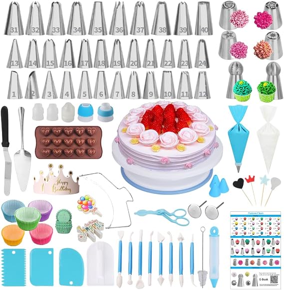 Cake Decorating Supplies Kit,310 PCS Baking Supplies Set with Icing Piping Tips & Russian Nozzles with Pattern Chart,Piping Bags,Mothers Day Gift