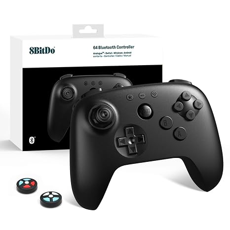 8Bitdo 64 Bluetooth Controller with Hall Effect Joystick (Black) | for Analogue 3D, Switch/Switch 2, Windows & Android, Bluetooth/Wired USB, Vibration, Turbo Function