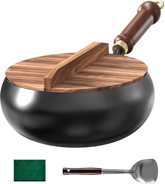 9"/11" Uncoated Iron Pan with Wooden Lid, Japanese Iron Pan, Hand Forged Non-Stick Irons Pans, Big Belly Pot Ironss Panss Stock Pot, for High-Heat Frying, for Gas Stoves Induction Hobs (24cm/9")